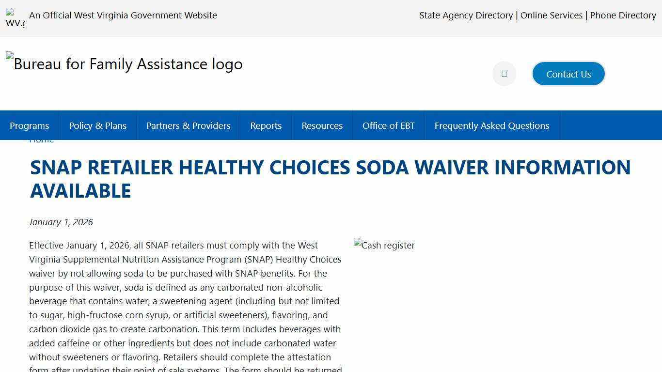 SNAP Retailer Healthy Choices Soda Waiver Information Available | Bureau for Family Assistance
